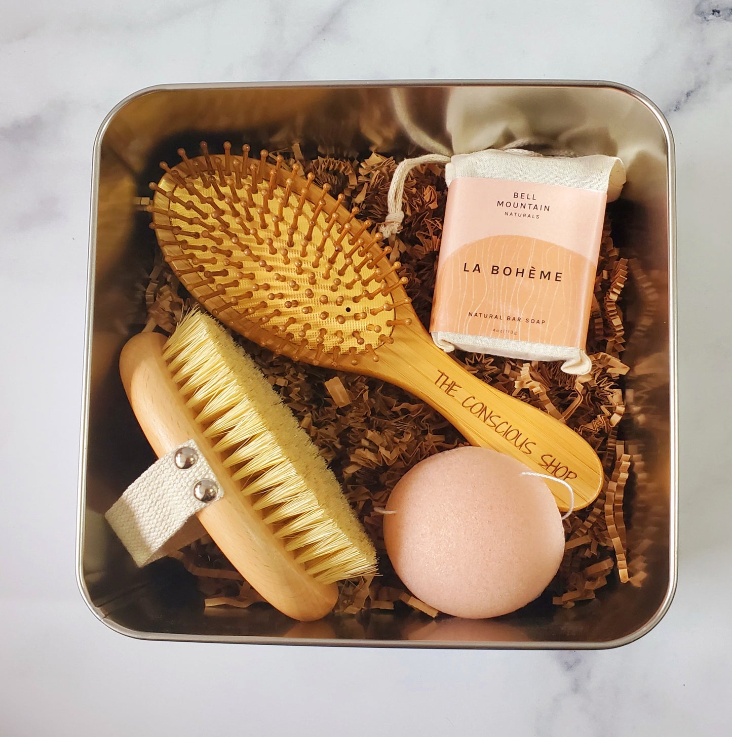 Self Care Set Bundle with Wood Hair Brush, Wood Body Brush, Konjac Sponge, & Bar Soap