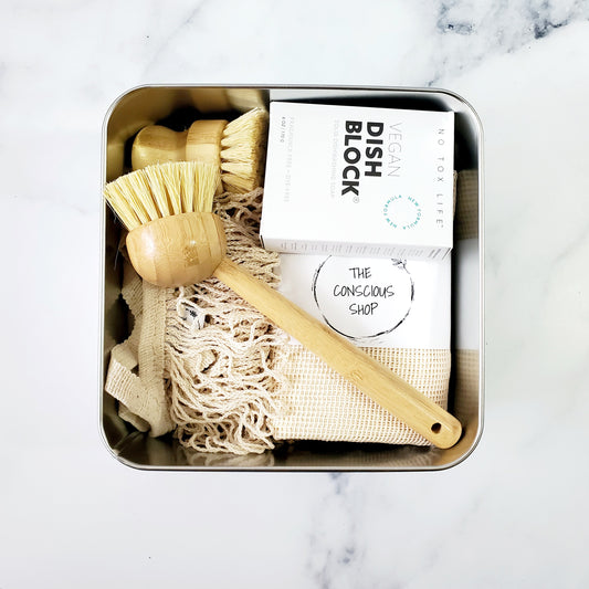 Zero Waste Home Starter  Set Bundle With Wood Pot Brush & Dish Brush, Produce Bags, Reusable Mesh Tote Bag, & Dish Block