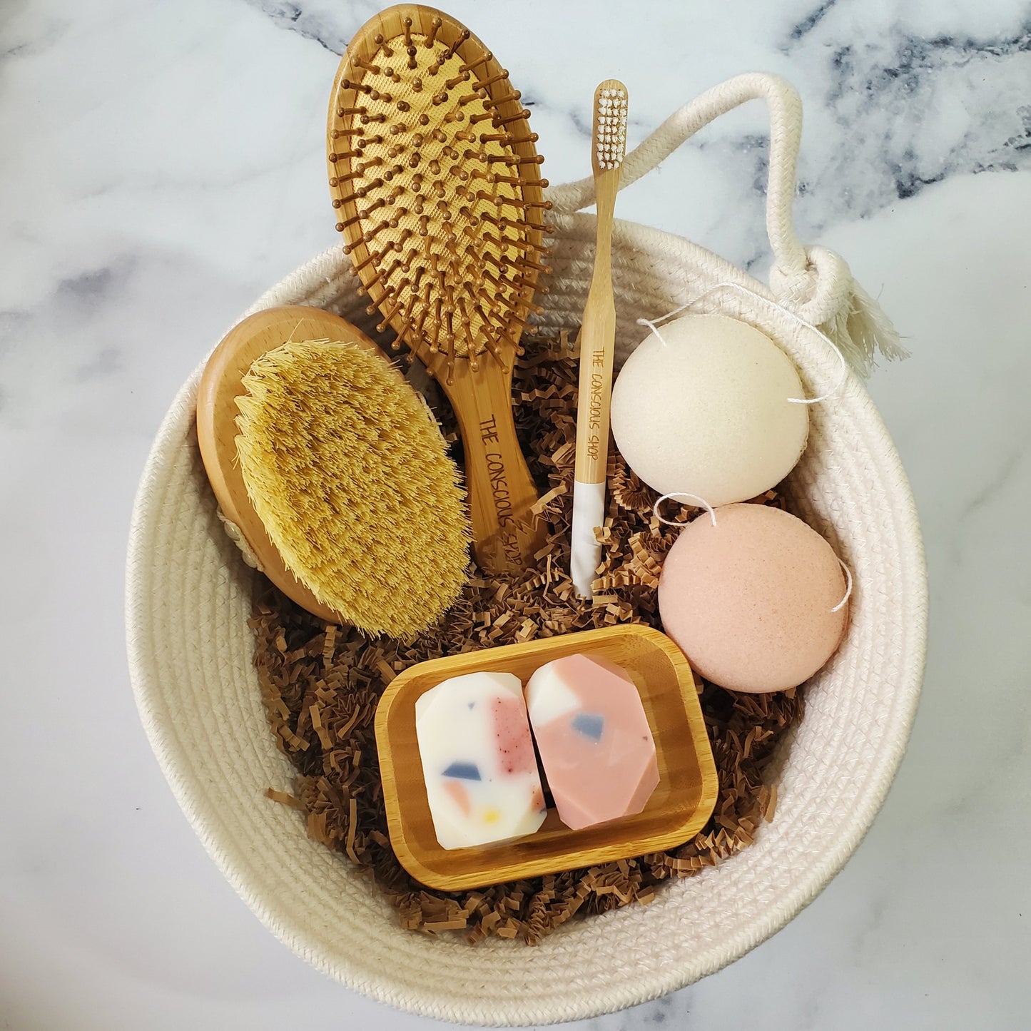 Self Care Bundle Set with Wood Hair Brush, Wood Body Brush, Bamboo Toothbrush, Konjac Sponges, & Bar Soaps