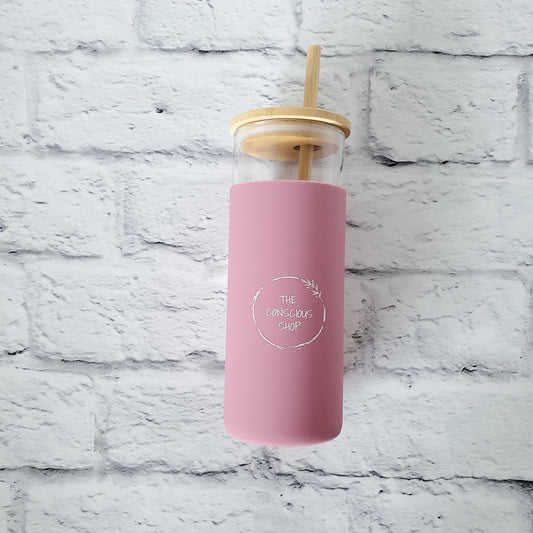 Reusable Borosilicate Glass Water Bottle with Silicone Sleeve, Bamboo Lid & Straw