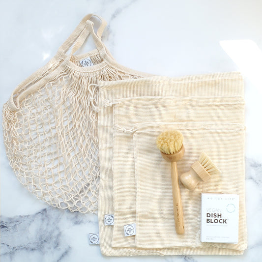 Zero Waste Home Starter  Set Bundle With Wood Pot Brush & Dish Brush, Produce Bags, Reusable Mesh Tote Bag, & Dish Block