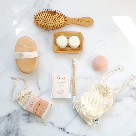Ecoconscious Bath Set Bundle with Wood Body Brush, Hairbrush, Bar Soap, Shampoo and Conditioner, Konjac Sponge, Facial Rounds, And Bamboo Toothbrush