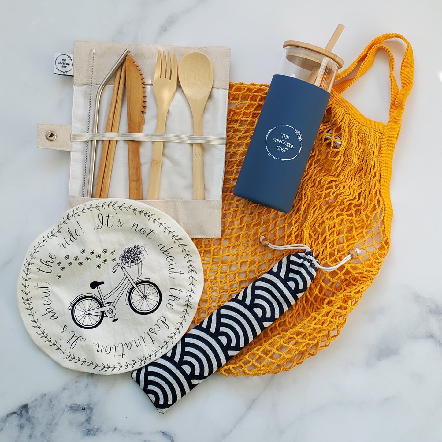 On the go Lunch Set Bundle with Reusable Cutlery Set, Stainless Steel Straws, Glass Water Bottle, Bowl Cover, & Mesh Shopping Tote Bag