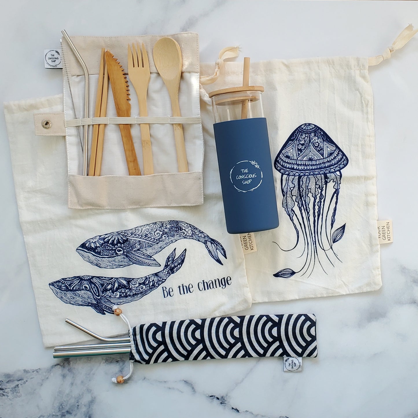 Eco-conscious Lunch Set with Borosilicate Glass Water Bottle, Wood Cutlery Set, Stainless Steel Reusable Straws & Produce Bags