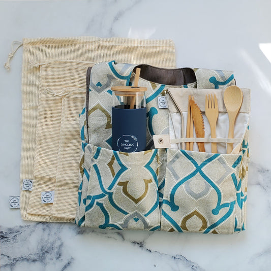 Lunch and Grocery Set Bundle with Large Grocery Tote, Bamboo Cutlery Set, Glass Water Bottle, and Produce Bags