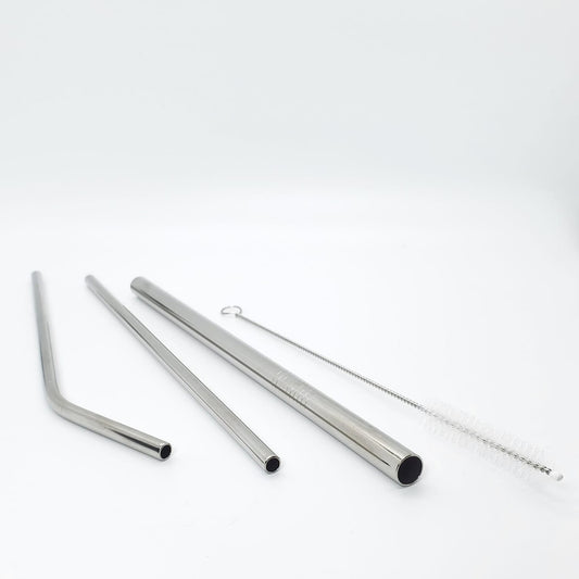 Set of 3 Reusable Stainless Steel Straws with Cleaning Brush & Travel Pouch - Straight, Bent, & Smoothie Straws
