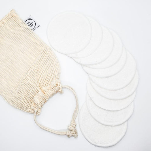 Reusable Cotton Facial Rounds (Set of 10 + Mesh Pouch) - Makeup Remover Pads & Laundry Bag