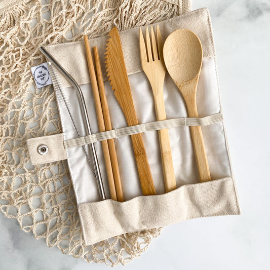 Reusable Bamboo Cutlery Set with Carrying Pouch - Bamboo Utensil Set, Chopsticks, Stainless Steel Straw in Travel Pouch